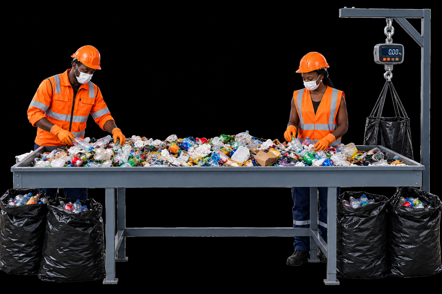 Youth urban miners sorting and weighing recyclable materials
